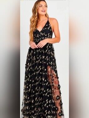 Altar'd State Arabella Black Maxi Dress with Gold Floral Embroidery NWT M